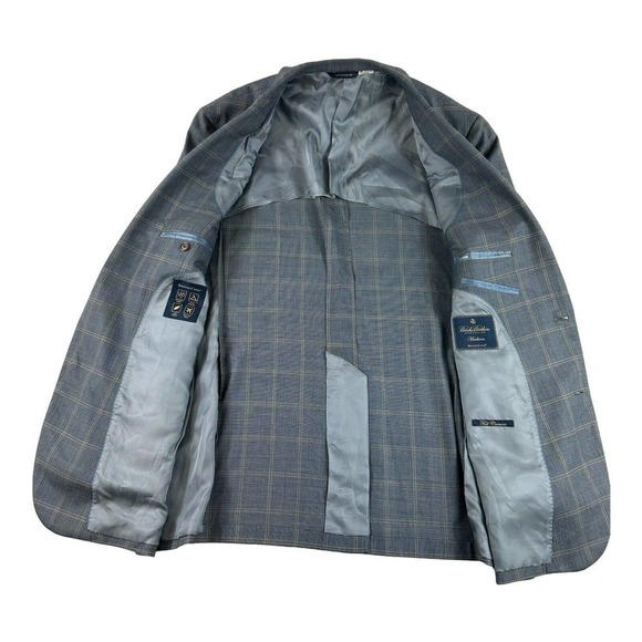Brooks Brothers Blue Tan Checked Madison BrooksCool Half Lined Wool Blazer 44L - Picture 6 of 8